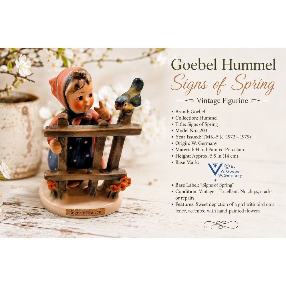 Goebel Hummel Signs of Spring Figurine 203 TMK-5 West Germany Vintage‎ Girl Bird